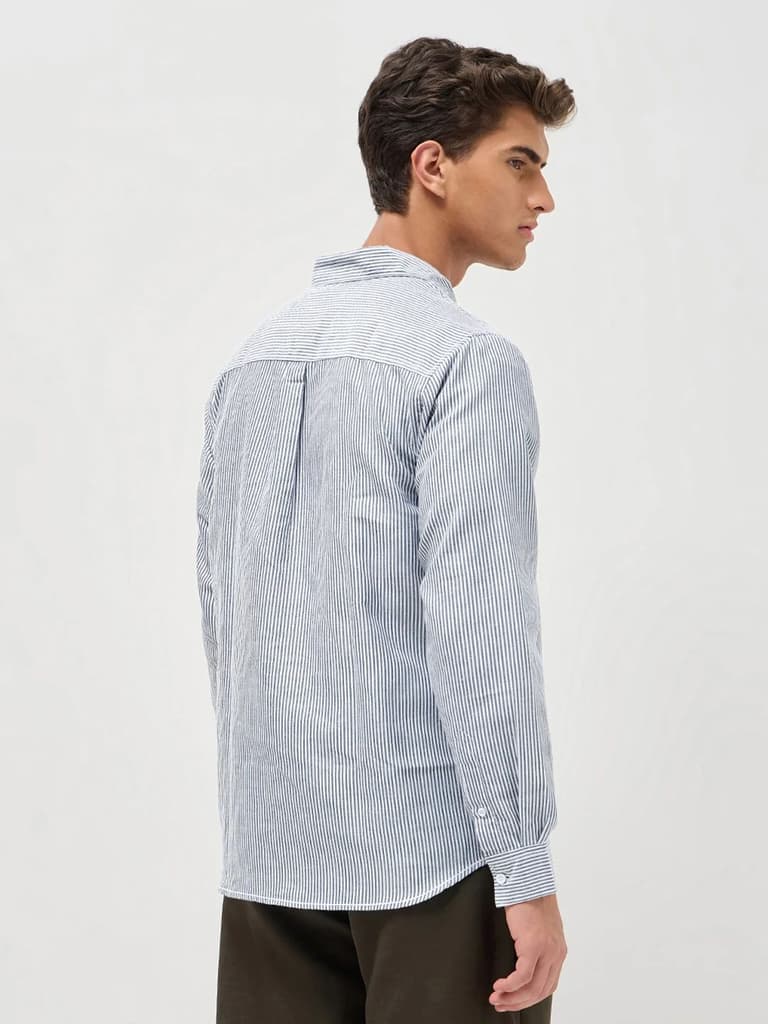 Men's Dark Blue Cotton Full Sleeve Regular Fit Casual Striped Shirt — photo 5