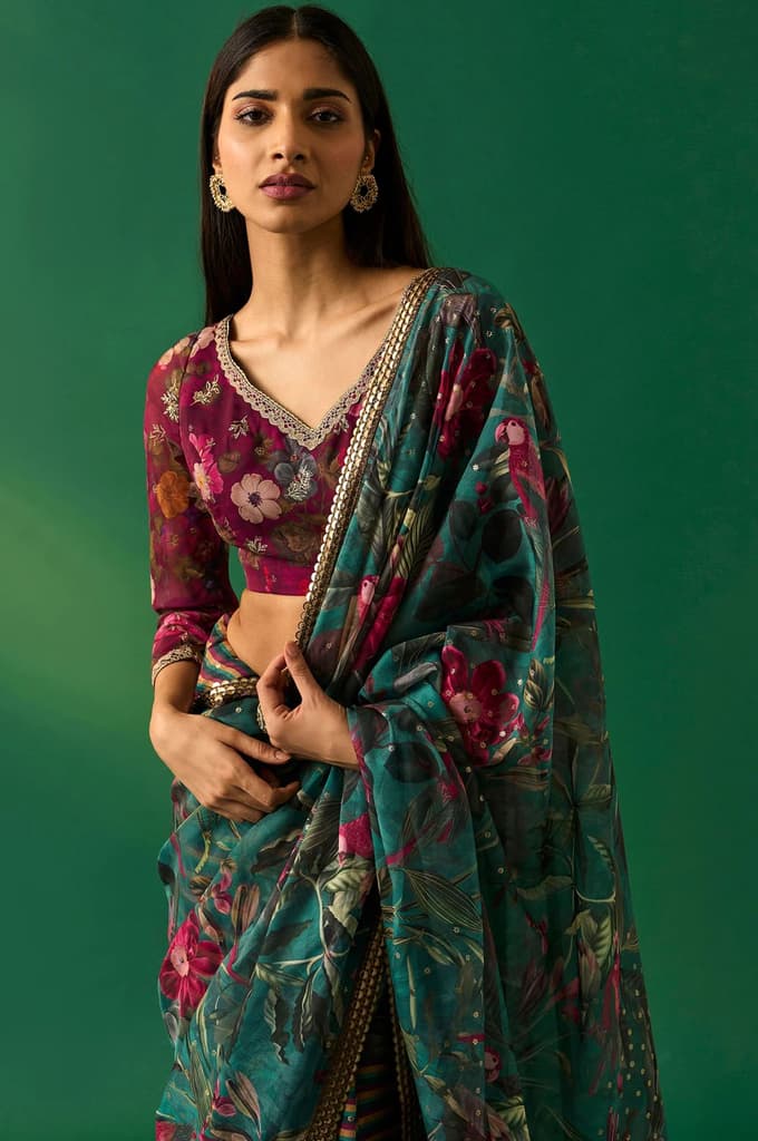 Green Floral Printed Embroidered Sequined Organza Saree with Unstitched Blouse — photo 2