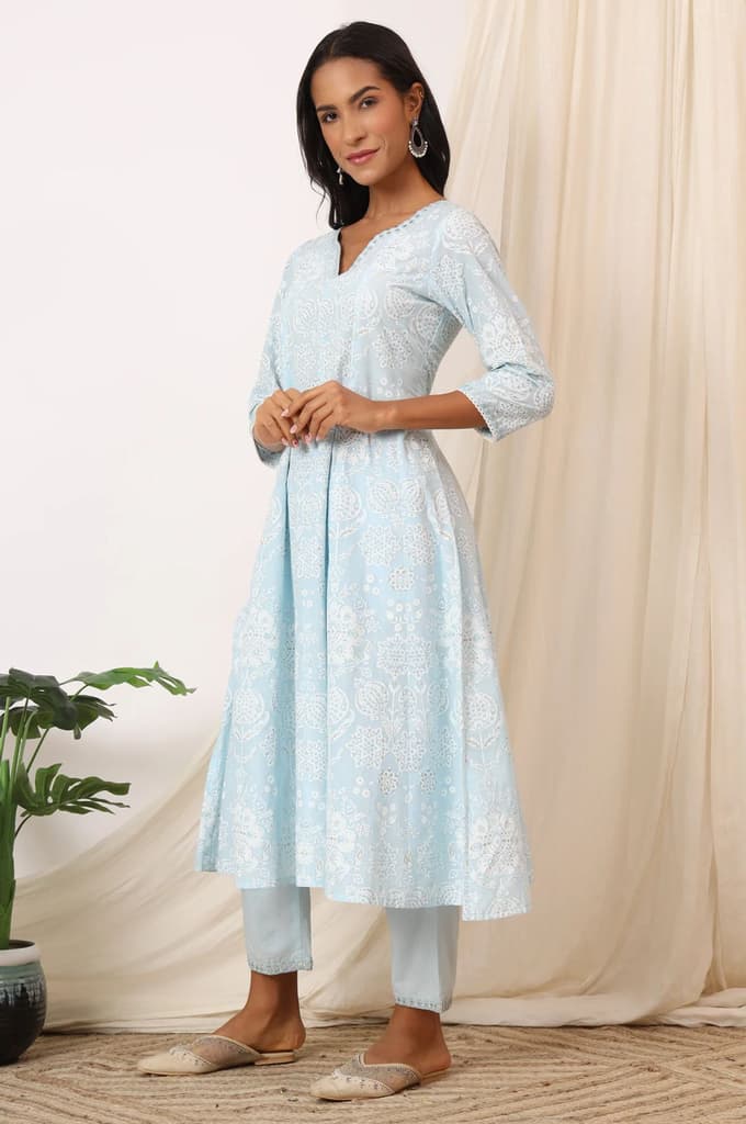 Sky Blue Printed Pure Cotton Anarkali Kurta, Pants and Dupatta Set — photo 5