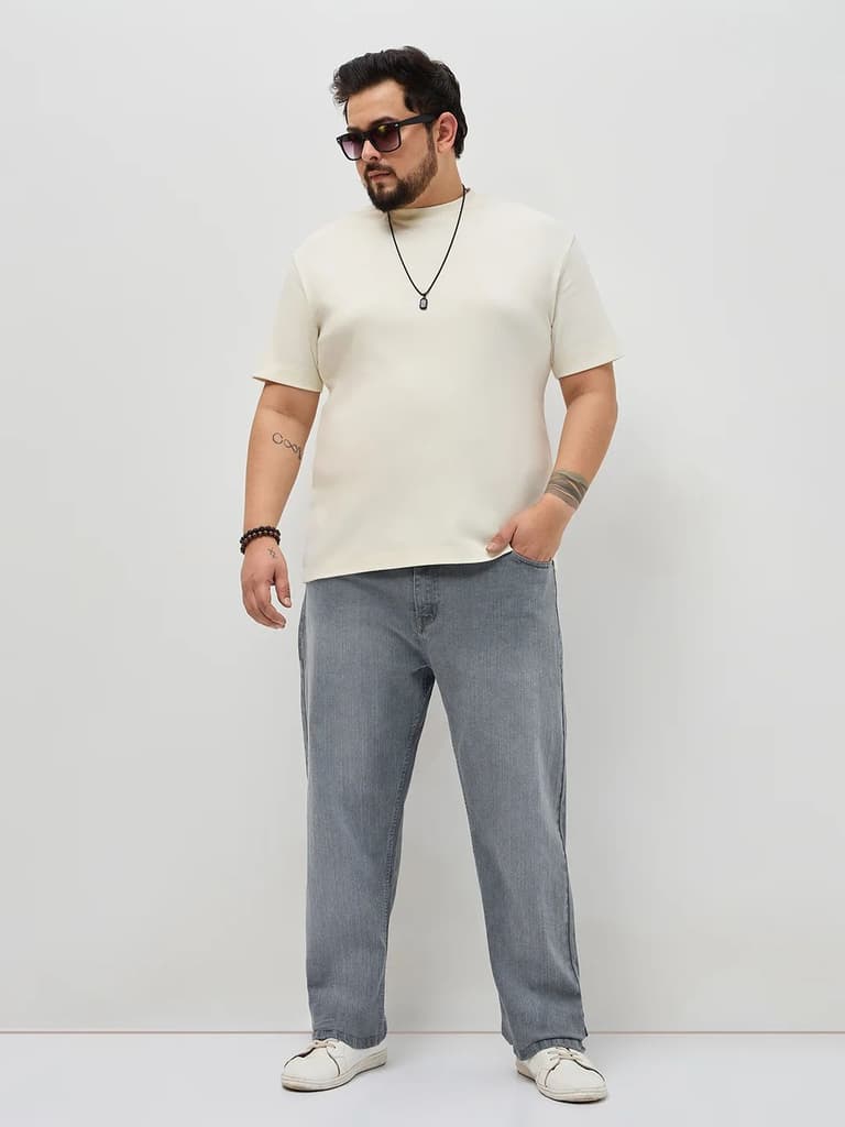 Plus Men's Grey Straight Fit Washed Denim Jeans Stretchable — photo 4