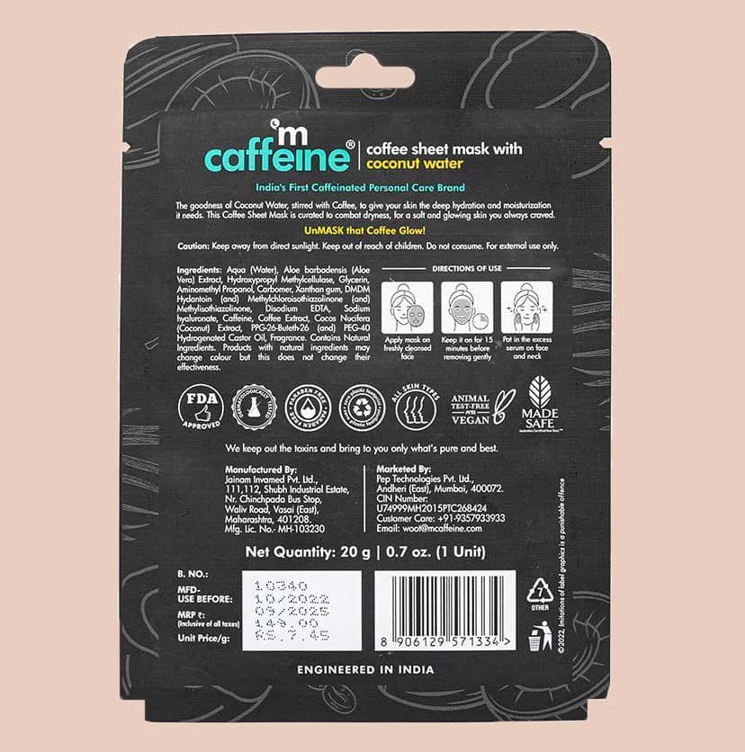 Coconut Water Coffee Sheet Mask - 20g each