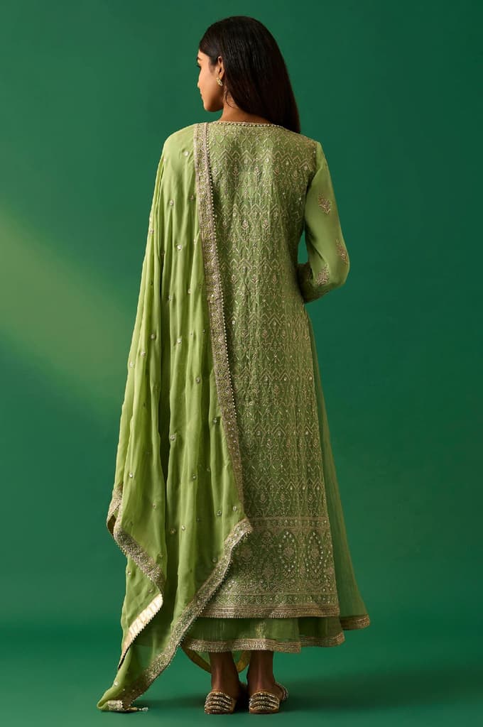 Green Embroidered Anarkali Dress with Churidar and Dupatta Set — photo 4