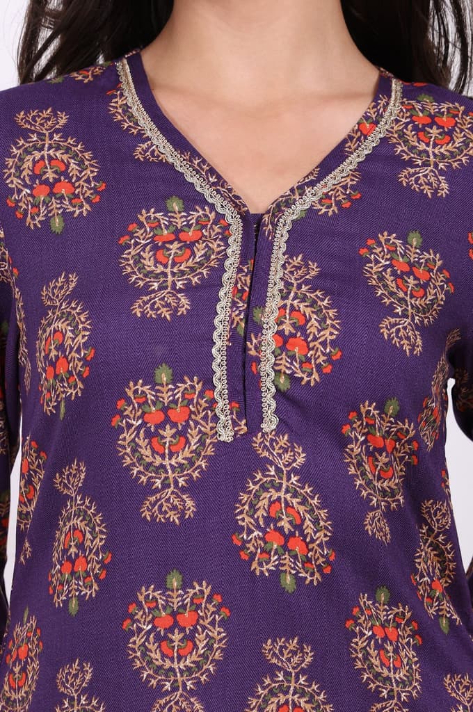 Purple Floral Printed Lace Rayon Straight Kurta — photo 3