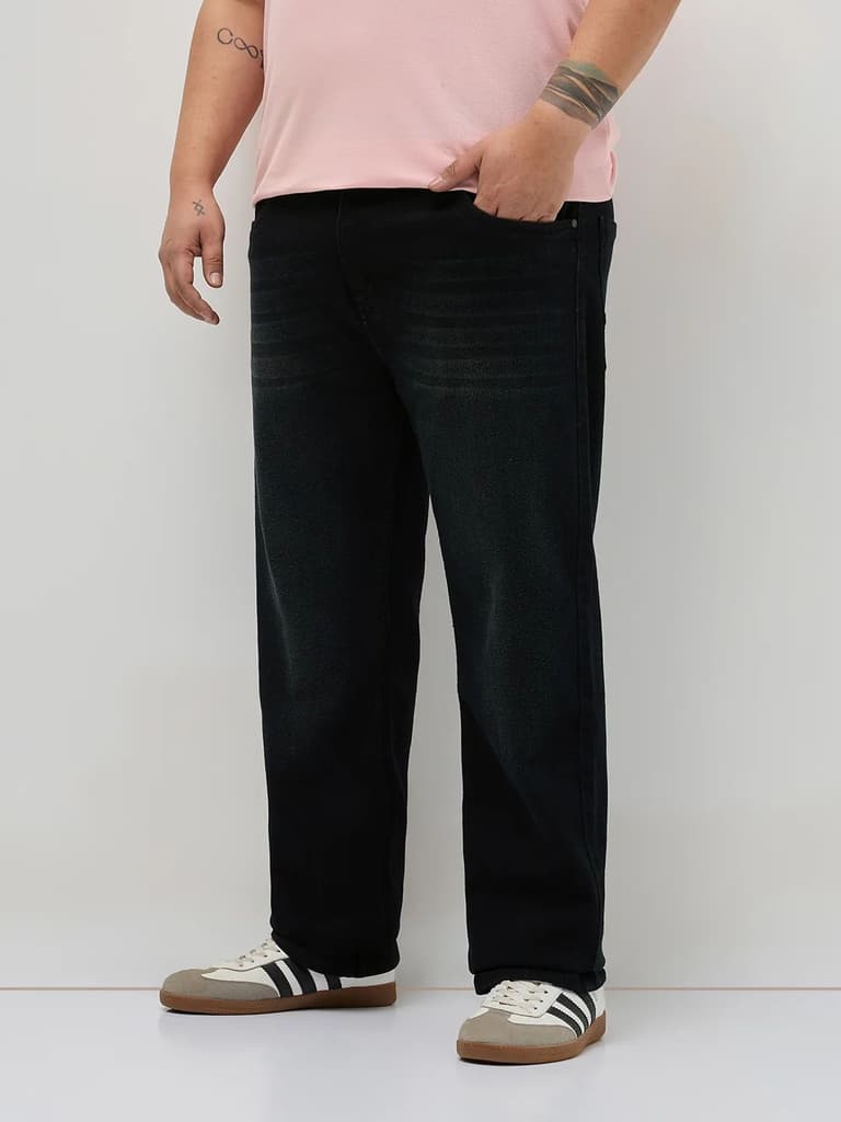Plus Men's Black Regular Fit Whisker Washed Yellow Tint Denim Jeans Stretchable — photo 2
