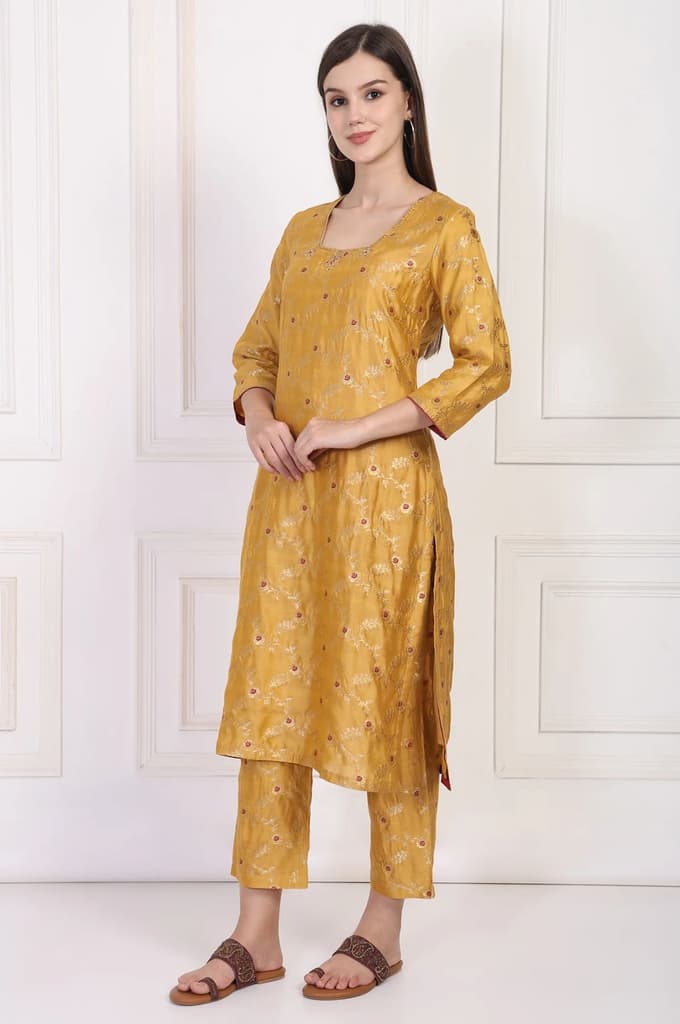 Mustard Jacquard Straight Kurta with Straight Pant and Dupatta Set — photo 4