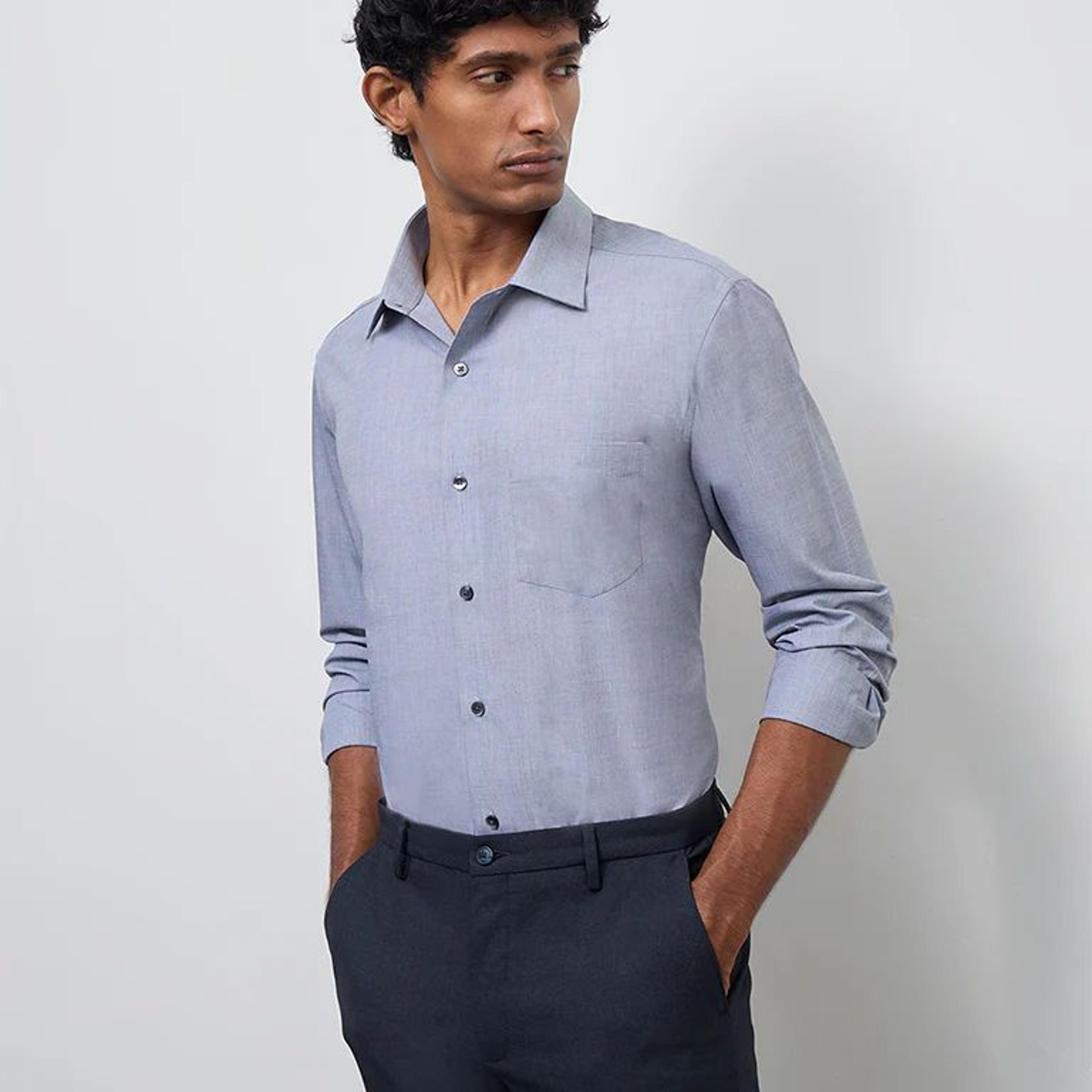 WES Formals Grey Relaxed-Fit Cotton Shirt