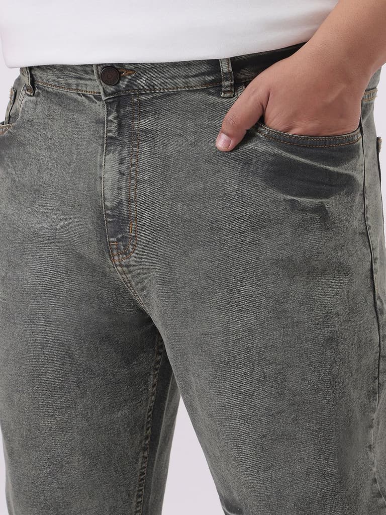 Plus Men's Light Grey Straight Fit Heavy Washed Jeans Stretchable — photo 5