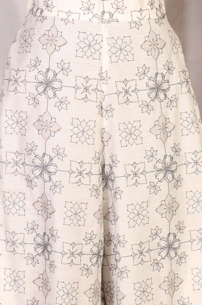 Off White Floral Printed Buttons Straight Top with Pants and Jacket Set — photo 7