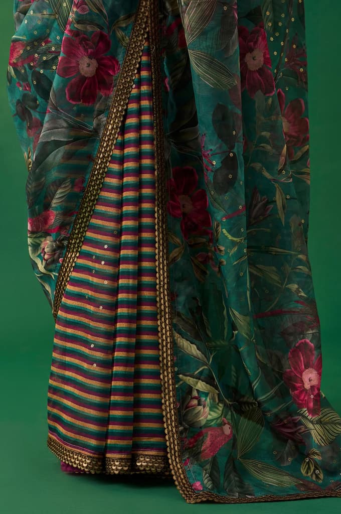 Green Floral Printed Embroidered Sequined Organza Saree with Unstitched Blouse — photo 6