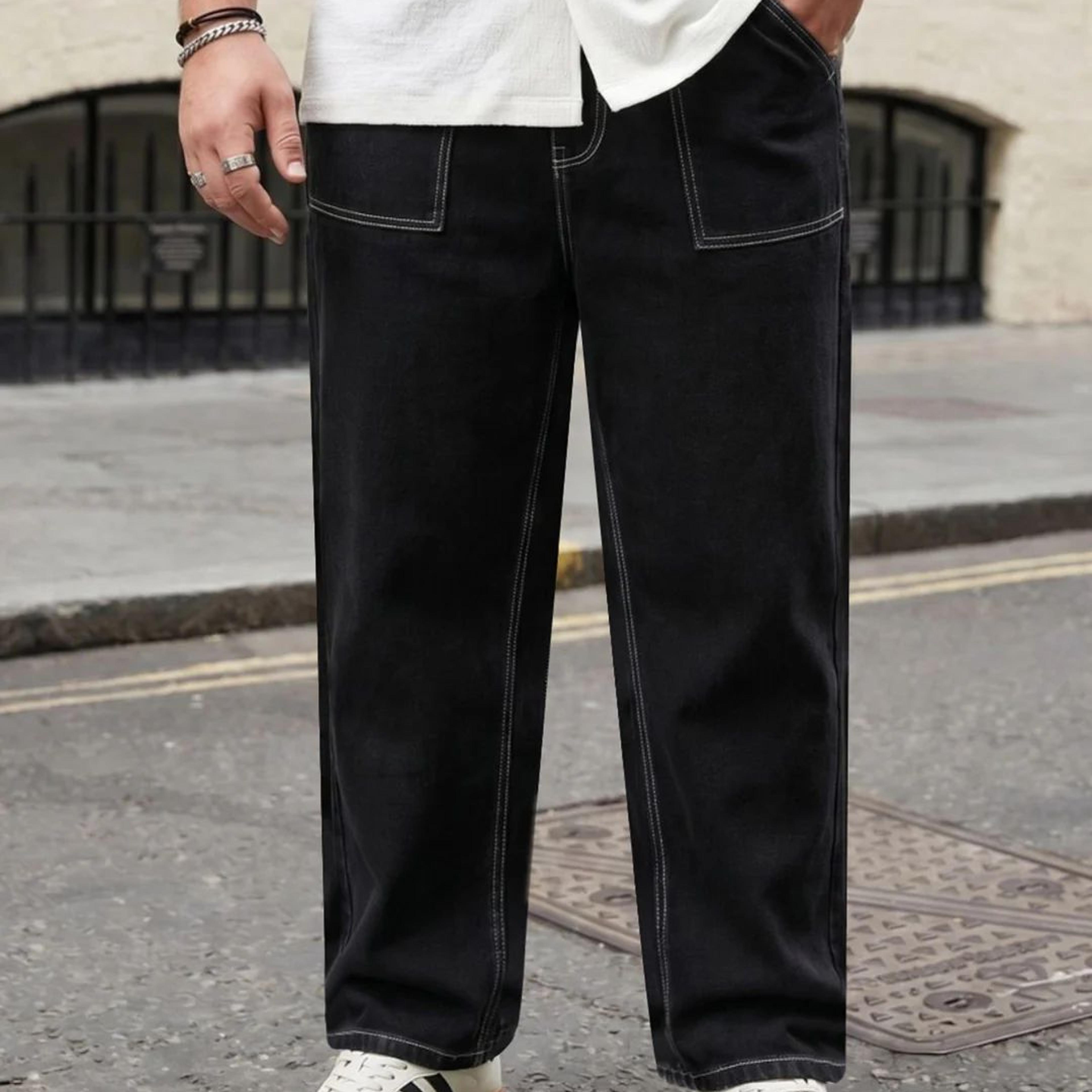 Plus Men's Black Loose Baggy Fit Washed Denim Jeans Non-Stretchable