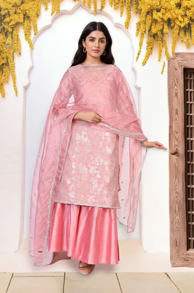 Pink Zari Jacquard Straight Kurta with Sharara and Dupatta Set — photo 3