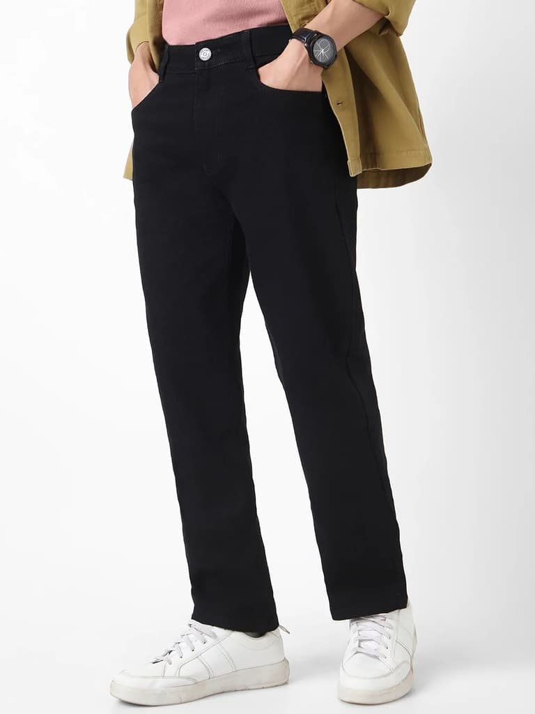 Men's Black Straight Fit Washed Jeans Stretchable — 28 / Black