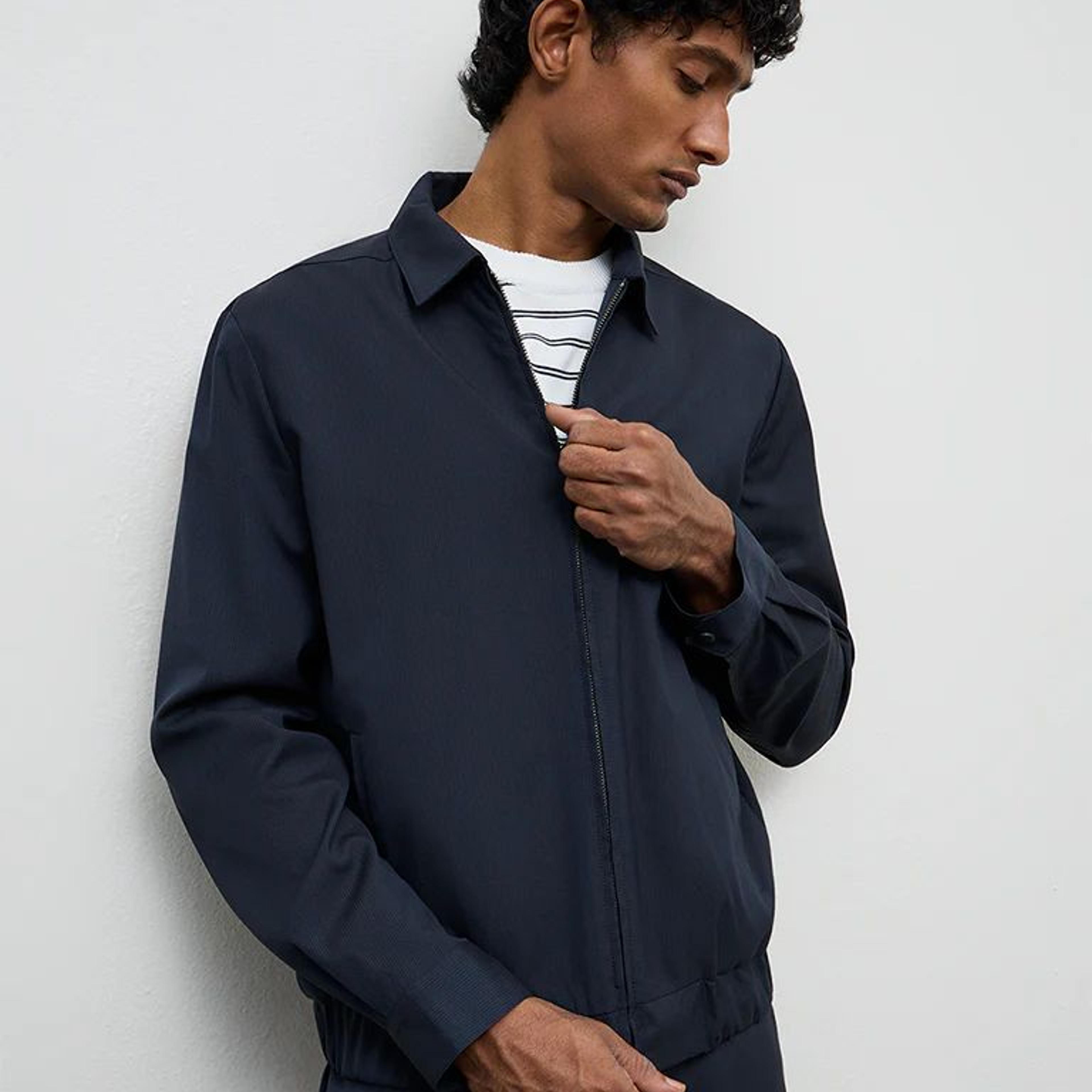 WES Formals Navy Pinstripe Slim-Fit Jacket