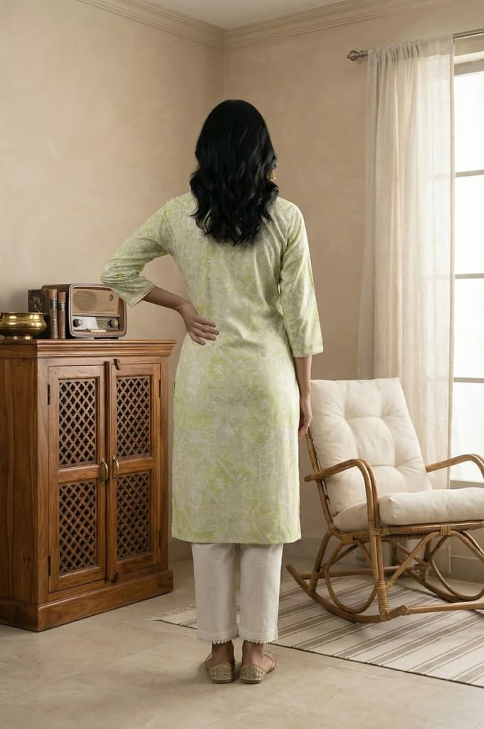 Lime Green Lace Floral Printed Pure Cotton Straight Kurta — photo 5