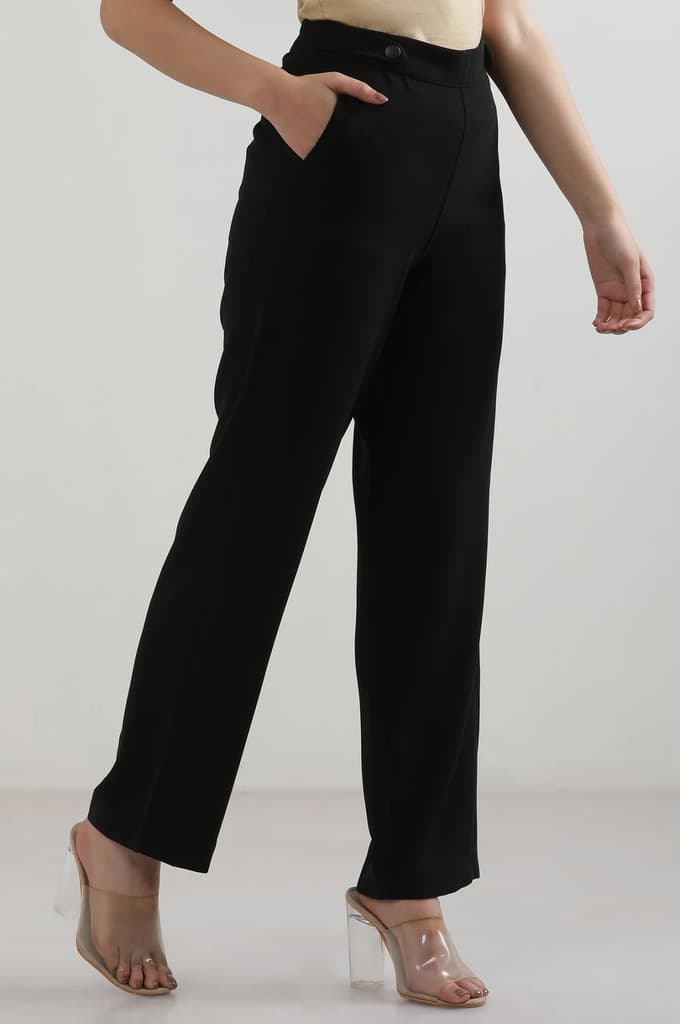 Black Solid Straight Fit Woven Pants With Zipper Closure — photo 6