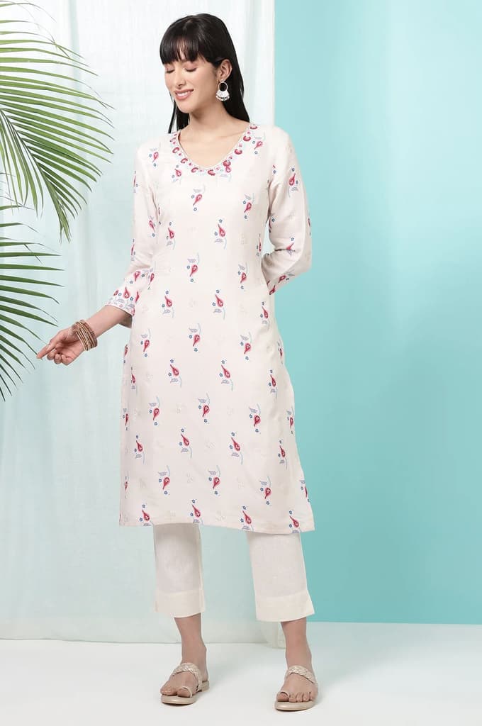 Off-White Floral Printed Rayon Straight Kurta — photo 2