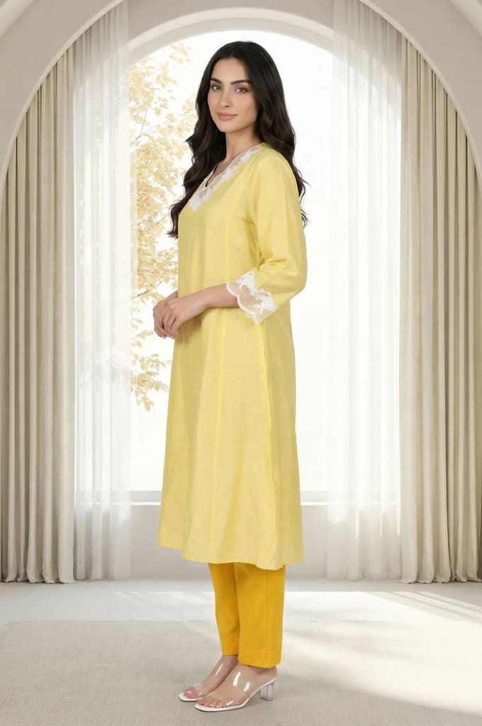 Yellow Applique Lace A-line Kurta — photo 3
