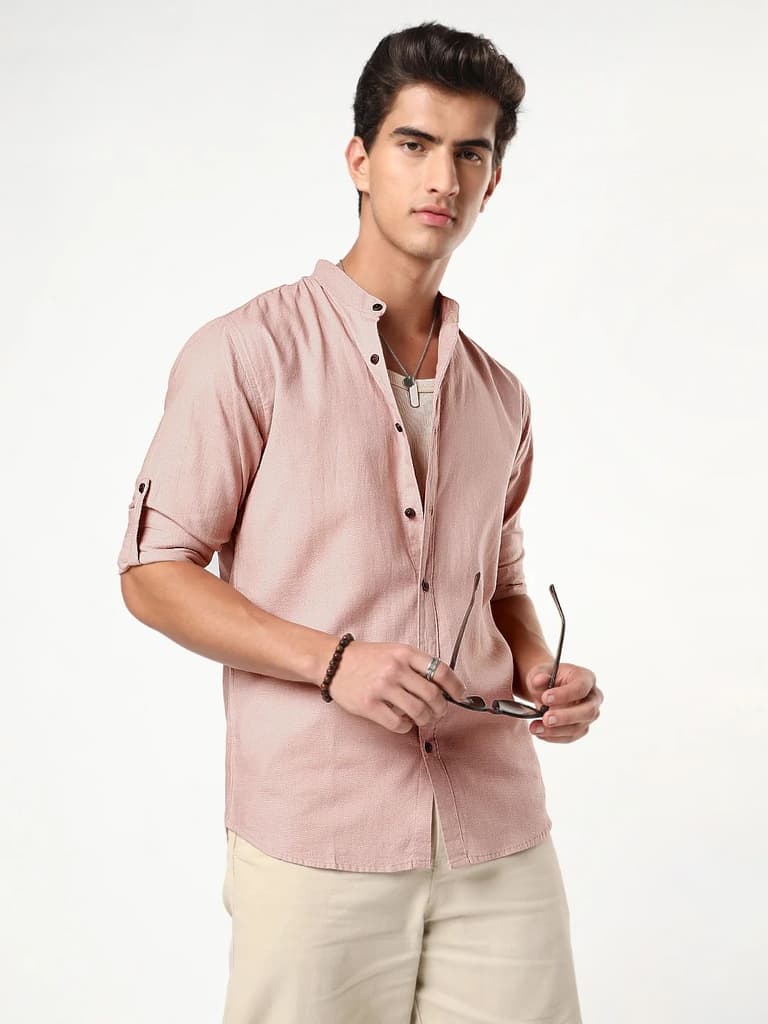 Men's Dusty Pink Linen Blend Full Sleeve Relaxed Fit Mandarin Collar Casual Solid Shirt — S / Dusty Pink