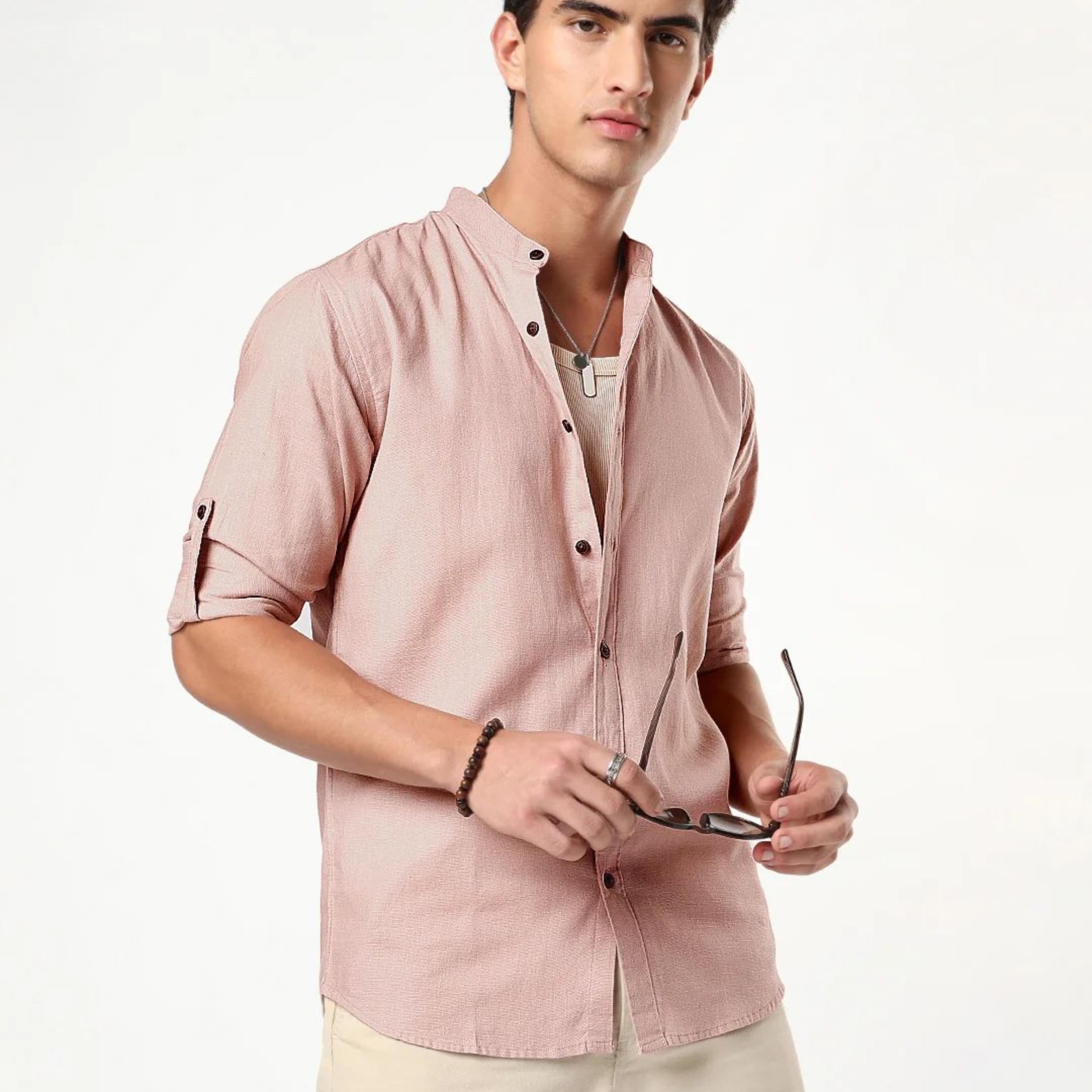 Men's Dusty Pink Linen Blend Full Sleeve Relaxed Fit Mandarin Collar Casual Solid Shirt