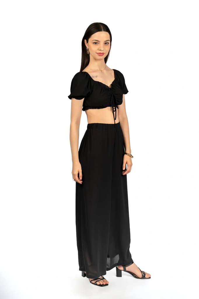 Black Solid Co-ord Set with Puff Sleeves — photo 4