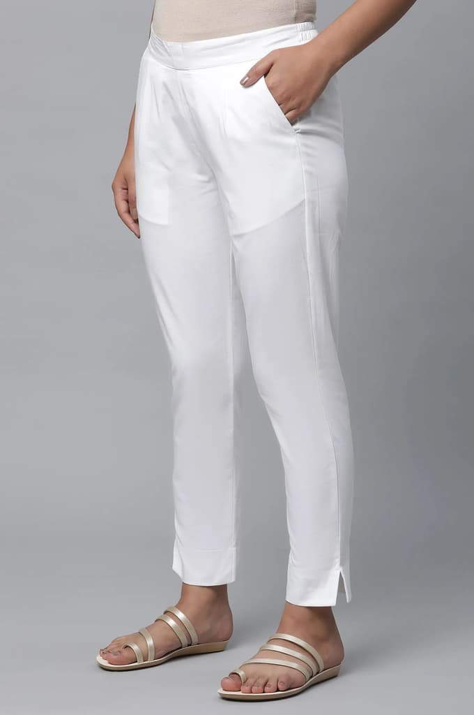White Solid Straight Fit Cotton Pants With Elasticated Waist — photo 3