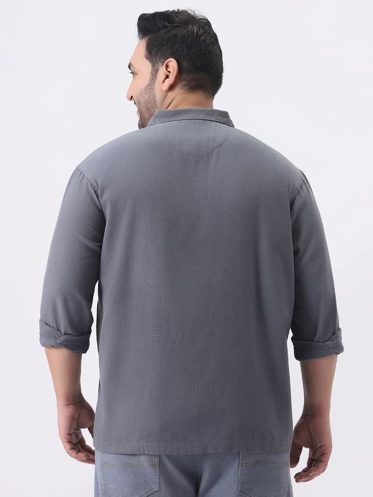 Plus Men's Grey Cotton Full Sleeve Relaxed Fit Shacket with Utility Pockets — photo 3