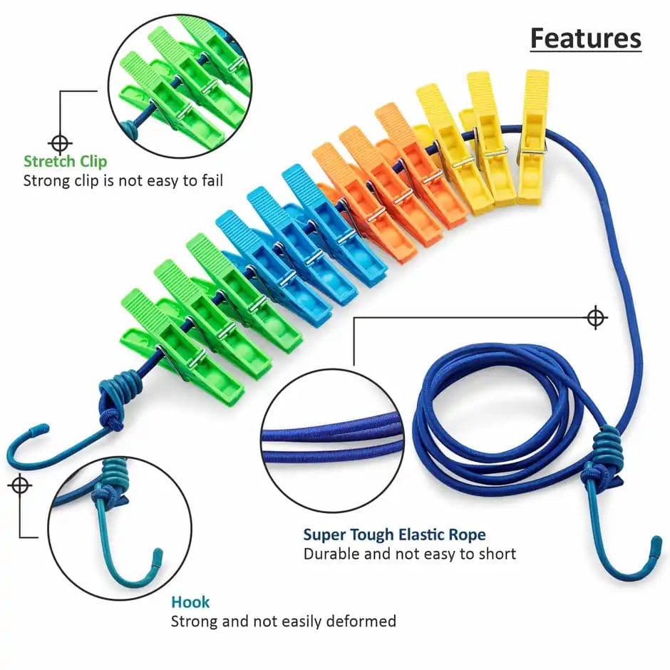 Jatin Elastic Rope | 70 inch With 2 Hooks + 12 pcs Cloth Pegs — photo 2