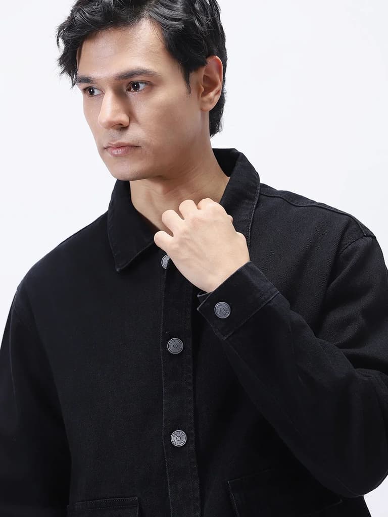 Men's Black Relaxed Fit Full Sleeve Utility Denim Jacket — photo 7