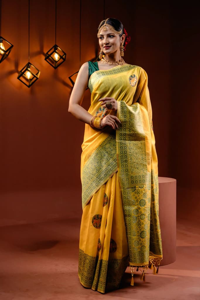 Mimosa Women's Woven Design Banarasi Style Art Silk Saree With Blouse Piece : SA00001758GDFREE — Gold