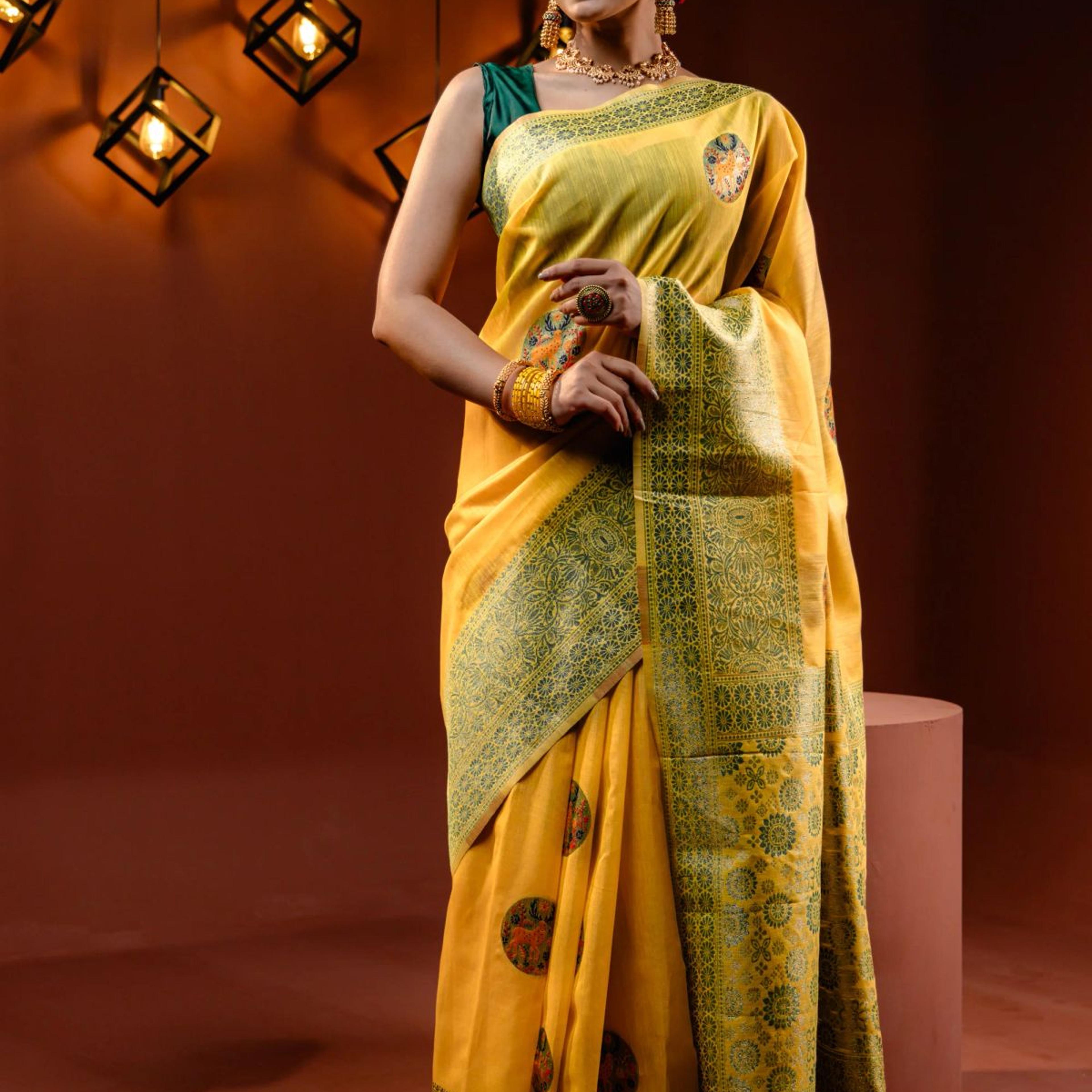 Mimosa Women's Woven Design Banarasi Style Art Silk Saree With Blouse Piece : SA00001758GDFREE