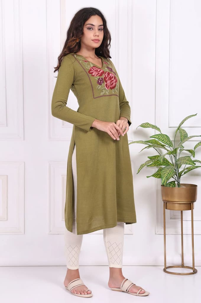Olive Embroidered Floral Straight Acrylic Kurta — photo 5