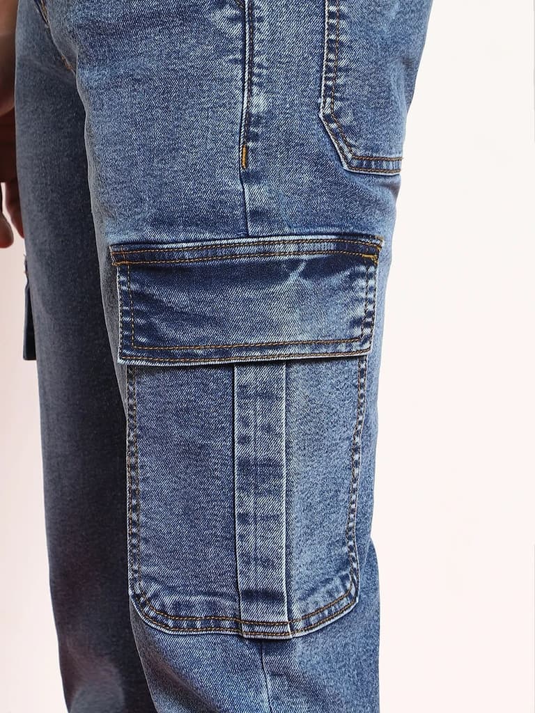 Men's Light Blue Regular Fit Washed Cargo Jeans With 6 Pockets Stretchable — photo 6