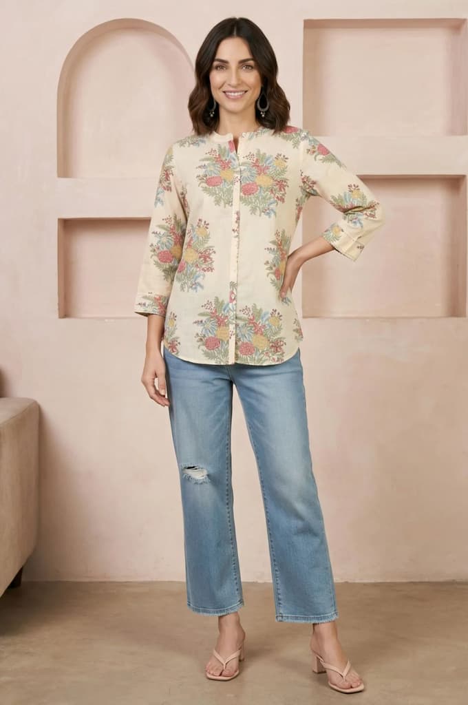 Beige Block Floral Printed Pure Cotton Straight Top — photo 2