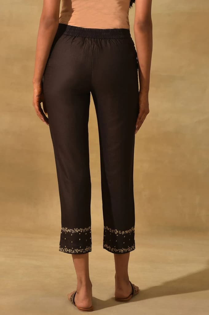 Brown Embroidered Viscose Silk Tussar Slim Pants — photo 3