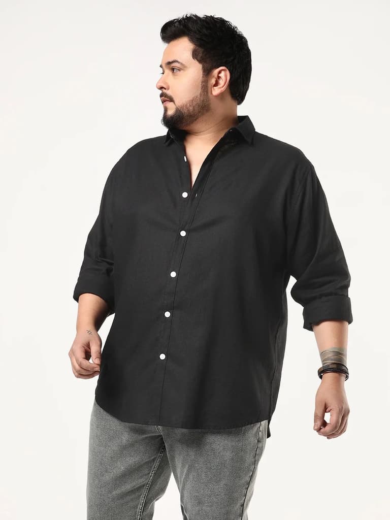 Plus Men's Black Linen Blend Full Sleeve Relaxed Fit Casual Solid Shirt — 2XL / Black