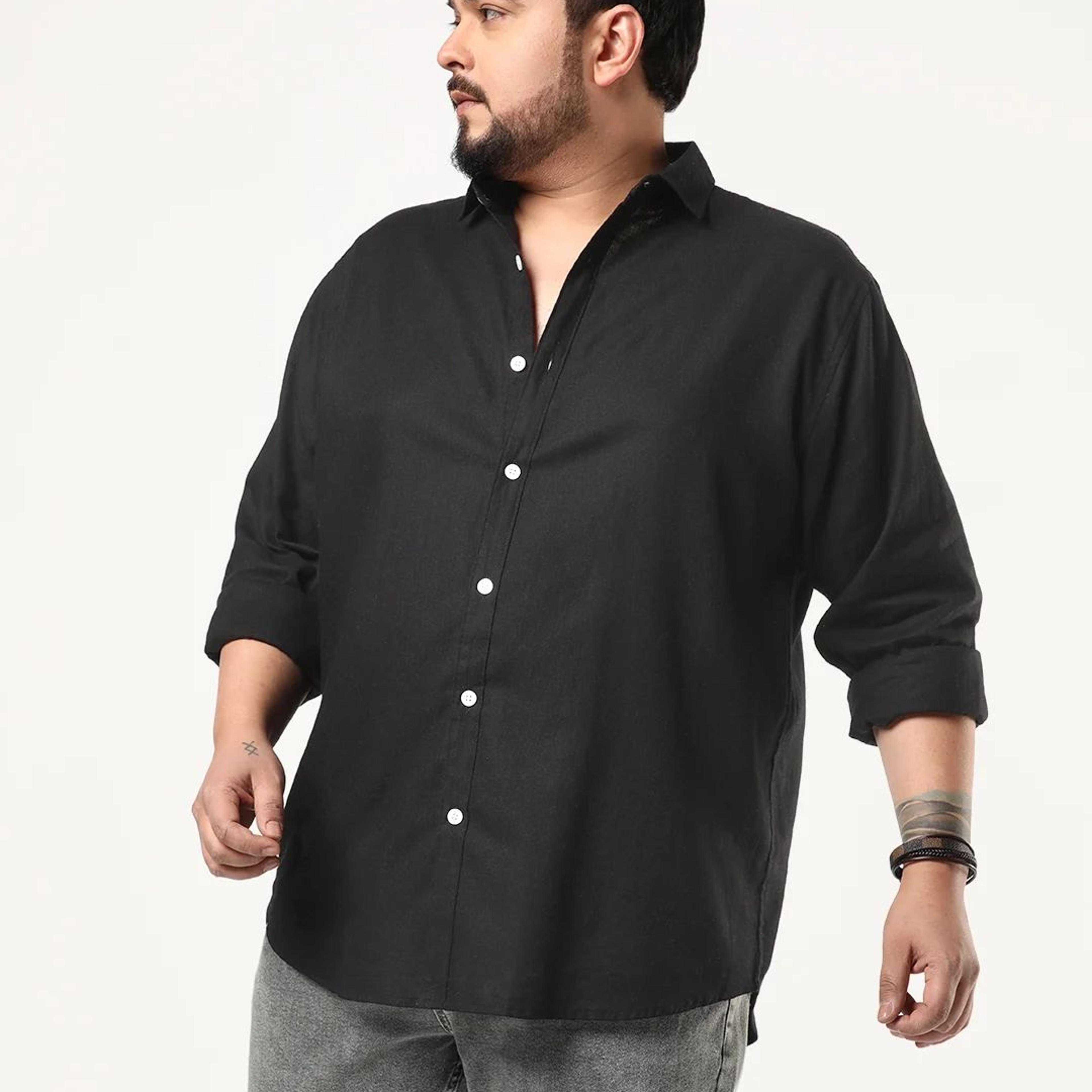 Plus Men's Black Linen Blend Full Sleeve Relaxed Fit Casual Solid Shirt