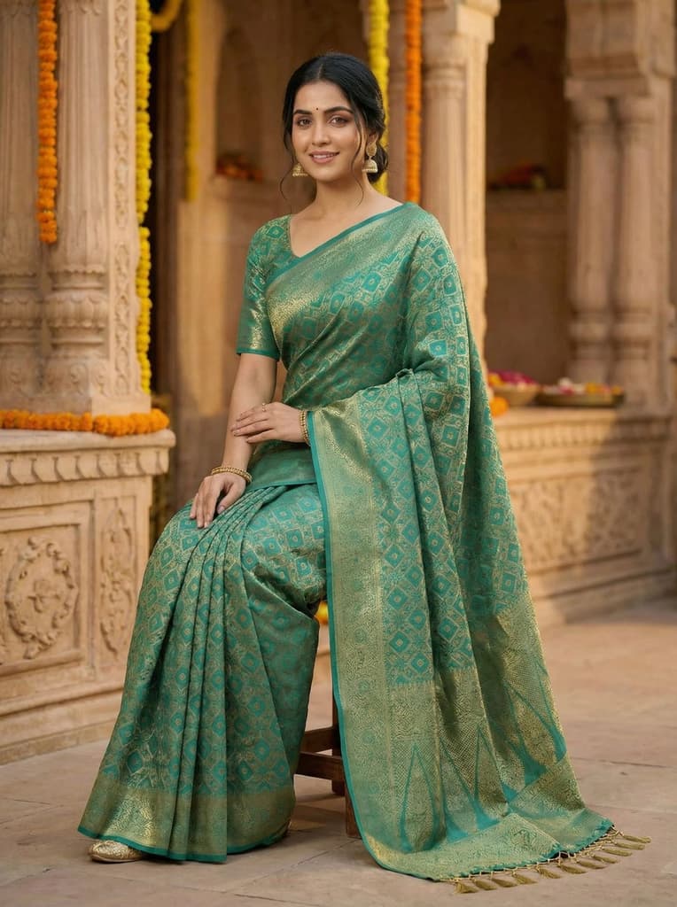 MIMOSA Women's Woven Design Banarasi Style Raw Silk Saree with Blouse Piece - Rama ( SA00003131RMFREE ) — photo 4