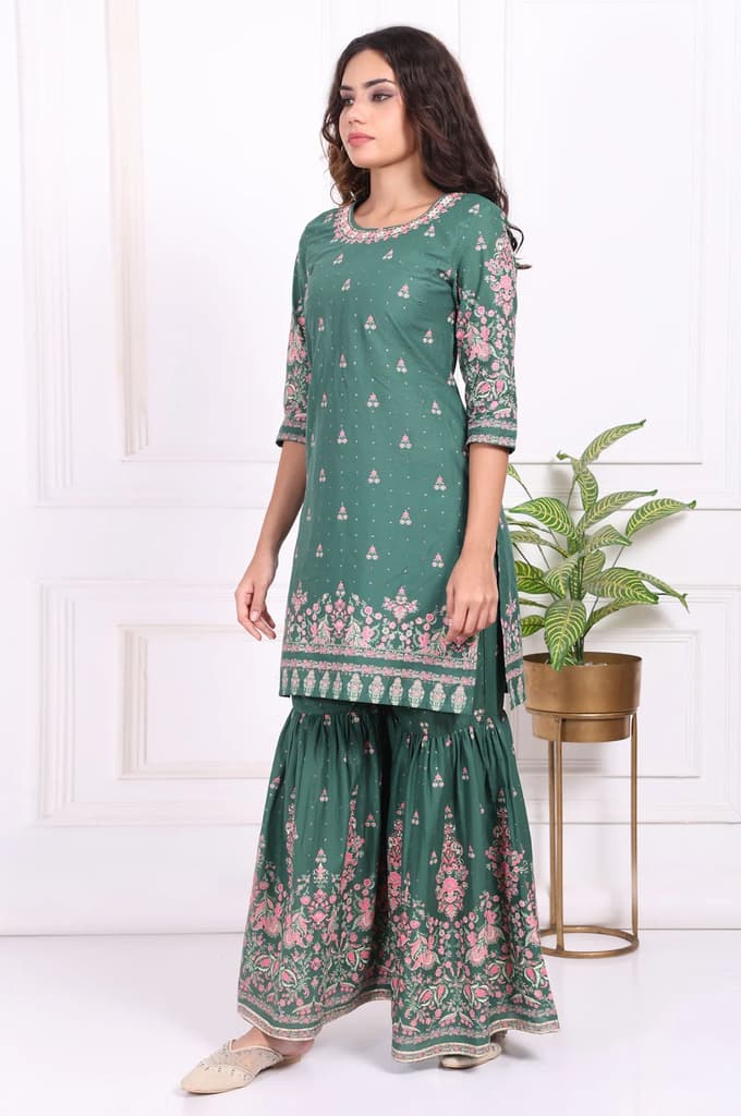 Green Floral Printed Embroidered Straight Cotton Kurta with Sharara and Dupatta Set — photo 4