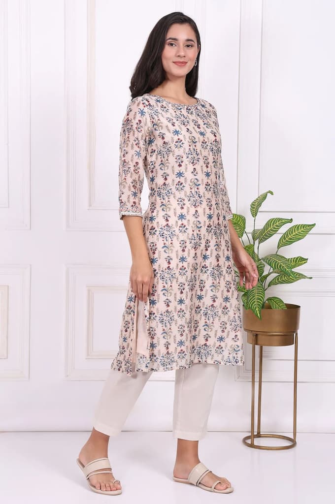 Beige Floral Printed Thread Embroidered Cotton Silk Straight Kurta — photo 6
