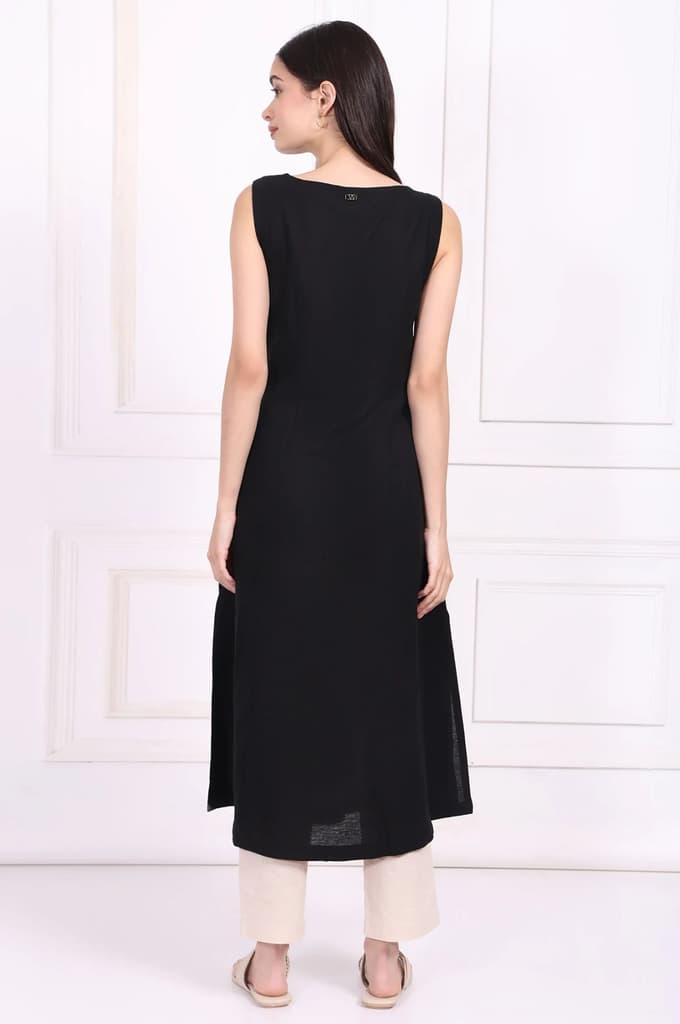 Black Embroidered A-Line Rayon Dress — photo 5