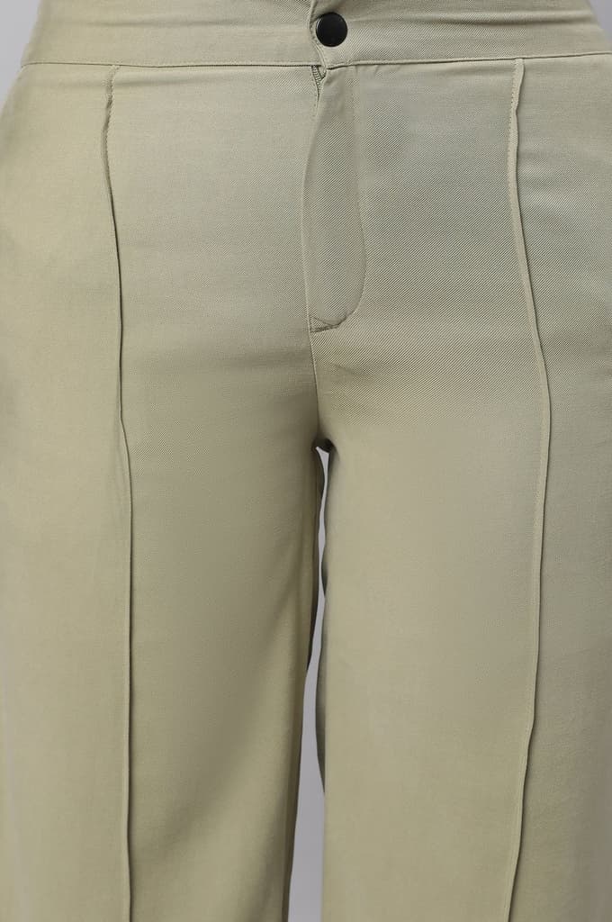Muted Sage Green Solid Straight Fit Woven Pants With Pintuck Detail — photo 6
