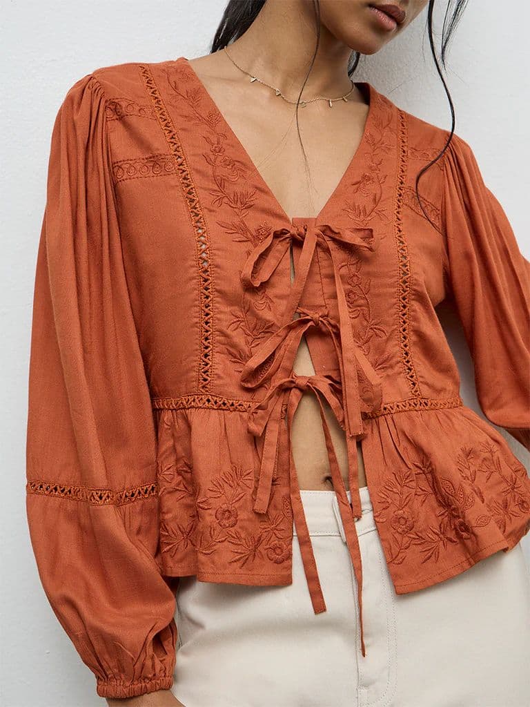 LOV Rust Floral Embroidered Top — photo 3