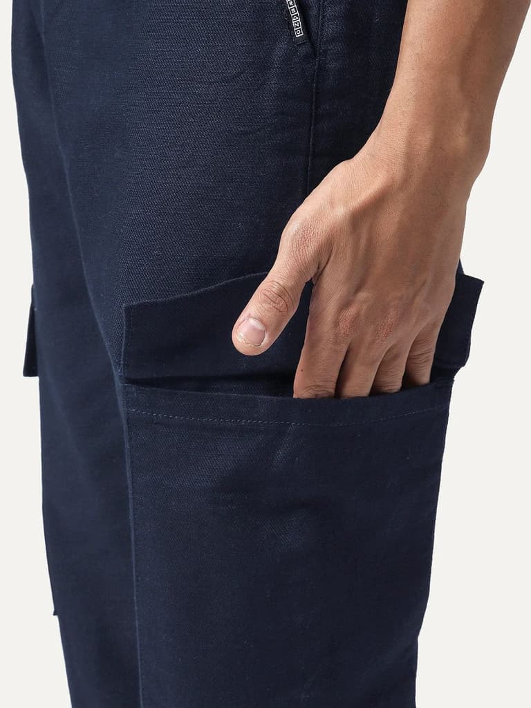 Men's Navy Straight Fit Linen Cargo Pants with 6 Pockets — photo 6