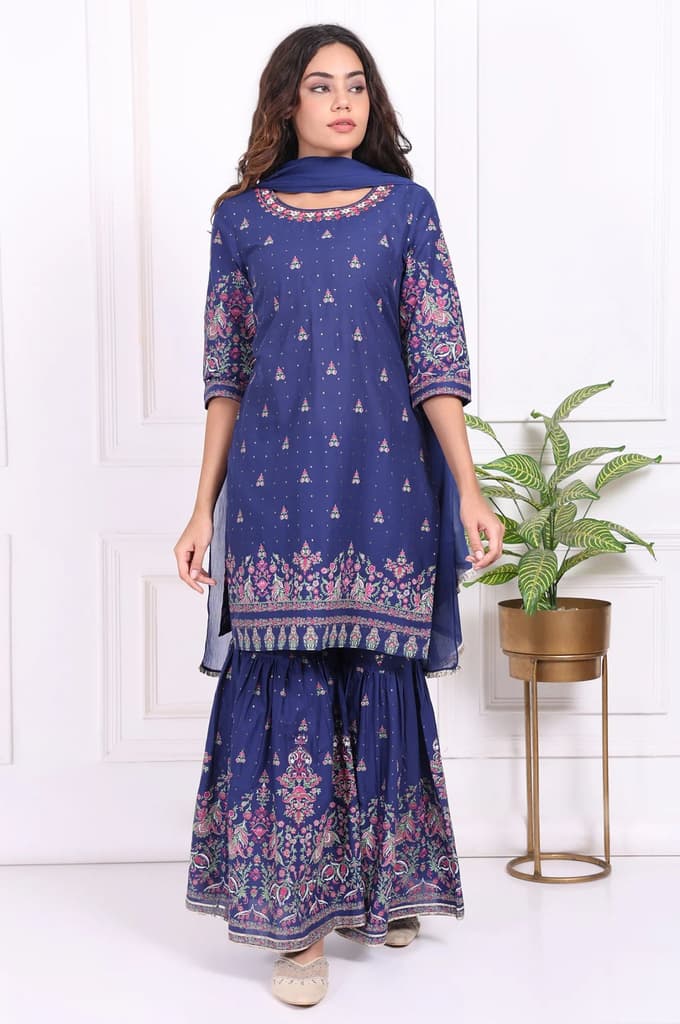 Blue Floral Printed Embroidered Straight Cotton Kurta with Sharara and Dupatta Set — photo 2