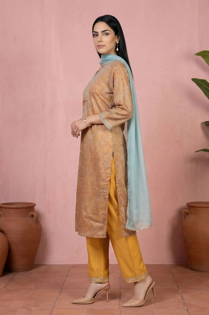 Mustard Sequins Paisley Printed Tissue Straight Kurta with Straight Pants and Dupatta Set — photo 4