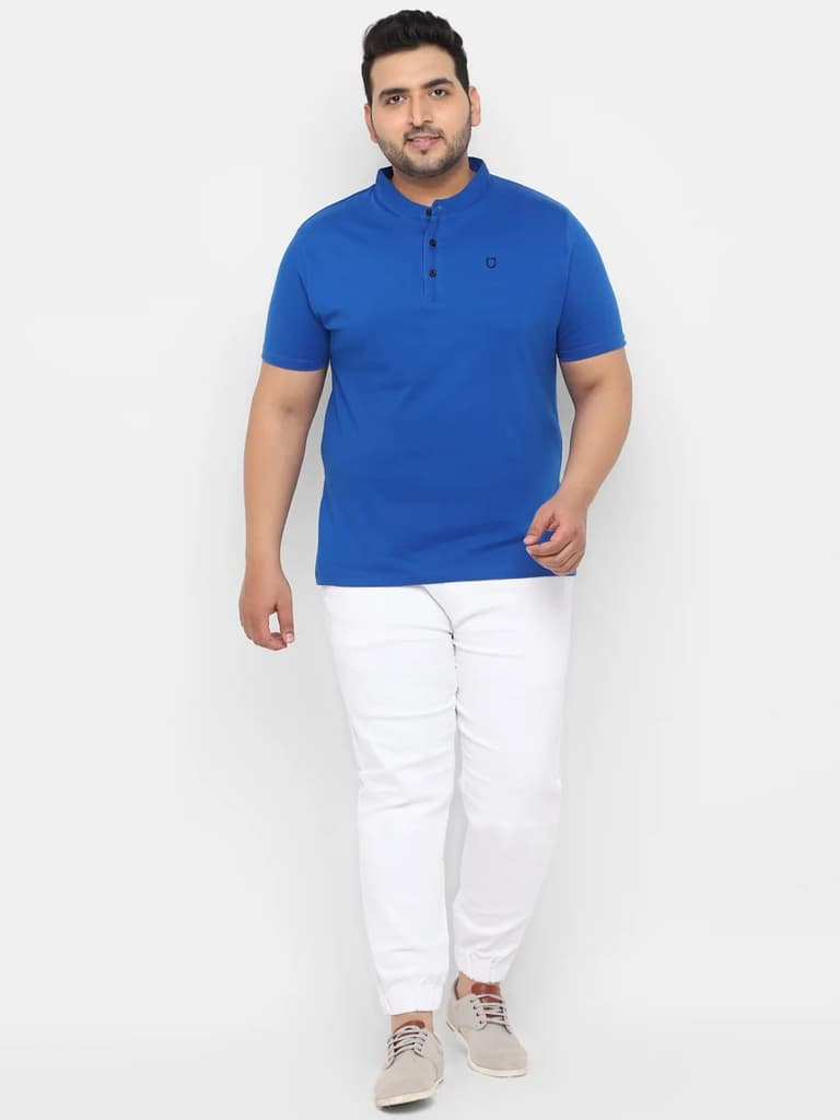 Plus Men's Royal Blue Solid Mandarin Collar Regular Fit Cotton T-Shirt — photo 6