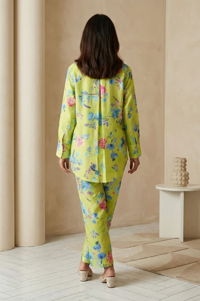 Lime Green Floral Printed Straight Shirt with Pants Co-ord Set — photo 4