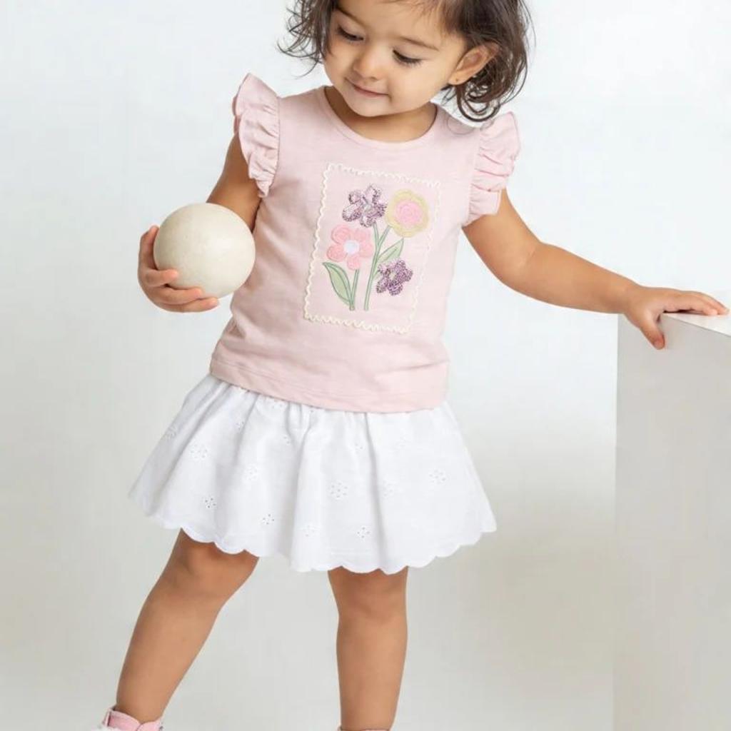 HOP Baby Girls Pink Floral Design Cotton Top and Skirt Set