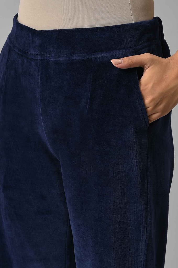 Navy Blue Solid Straight Fit Cotton Trousers With Elasticated Waist — photo 7