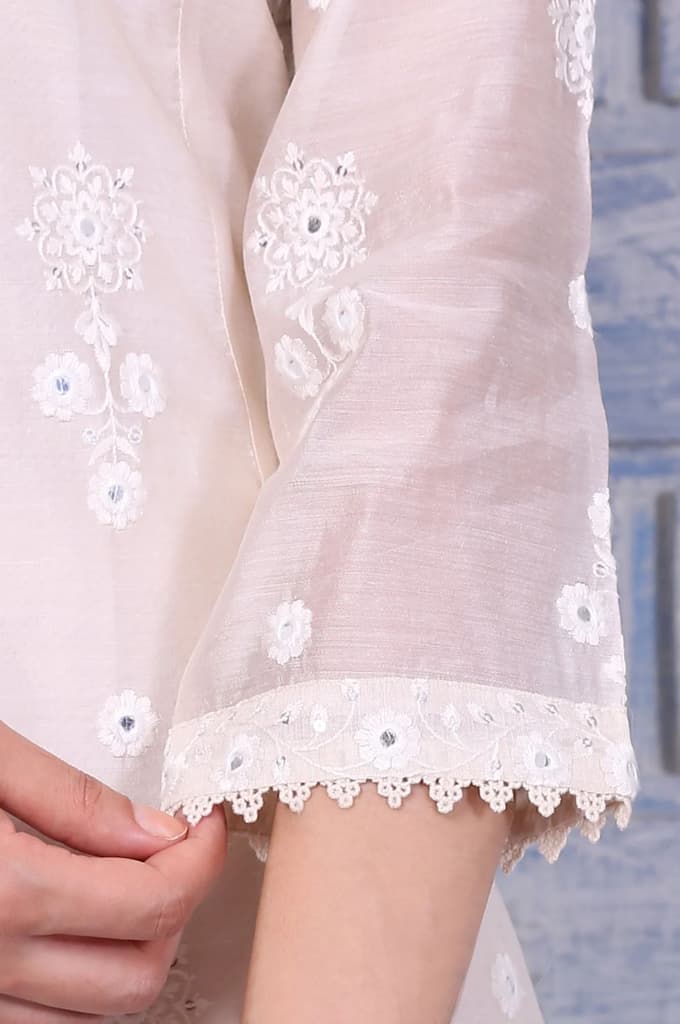 Cream Mirror Work Embroidered Chanderi Flared Kurta, Pants and Dupatta Set — photo 7